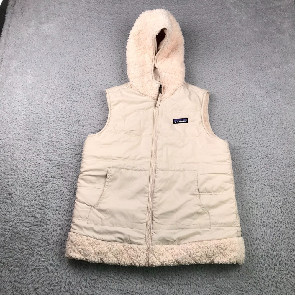 Patagonia Los Gatos Hooded Vest Womens M Ivory Reversible Fleece Puffer Coat